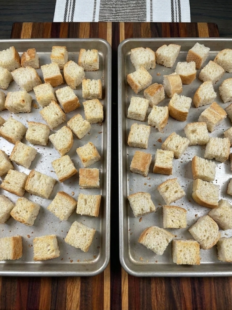Lightly toasted dry French bread cubes on baking trays for Thanksgiving Stuffing