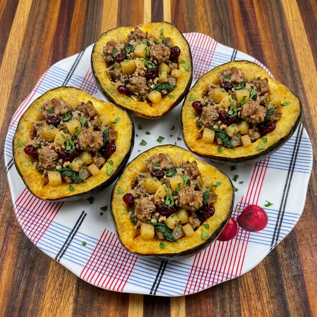 Turkey-Stuffed Acorn Squash filled with savory ground turkey vegetables cranberries and pecans