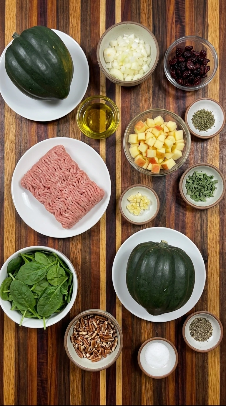 Ingredients for Turkey-Stuffed Acorn Squash arranged in individual containers