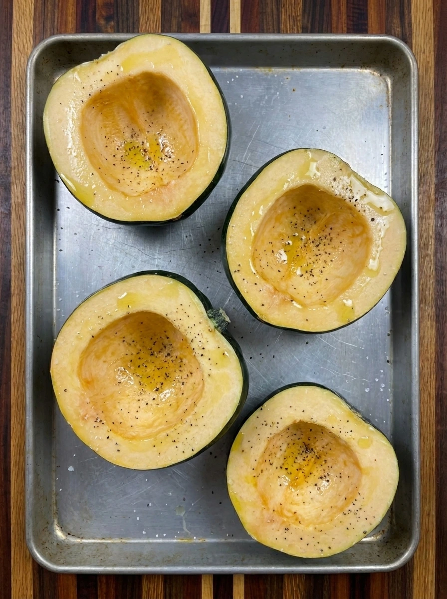 Four acorn squash halves seeded and seasoned before roasting