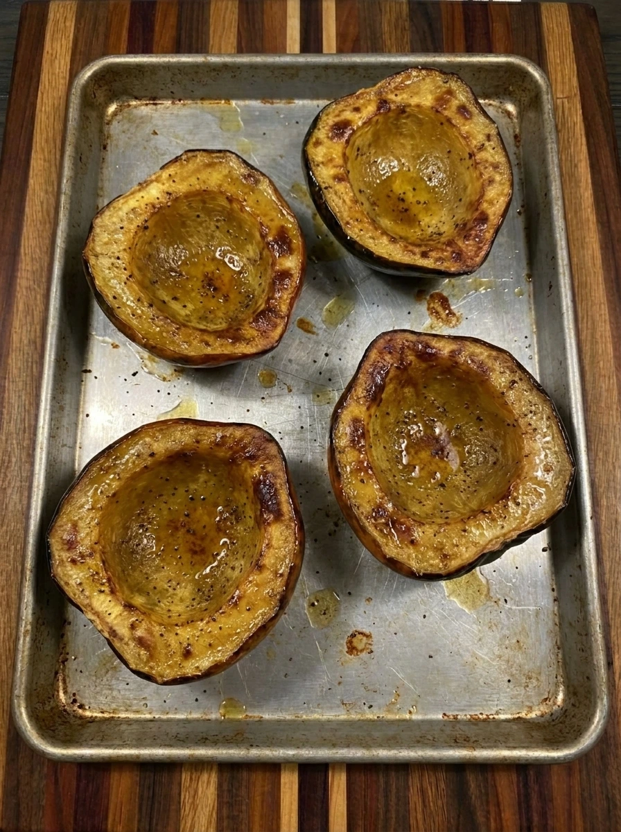 Roasted acorn squash halves with tender golden flesh and browned edges