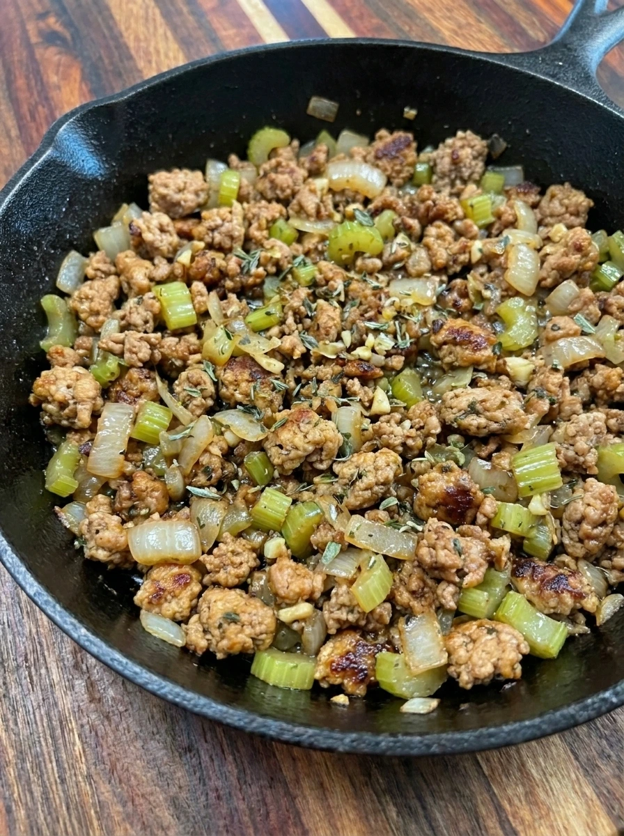 Ground turkey browned with onion celery garlic and herbs