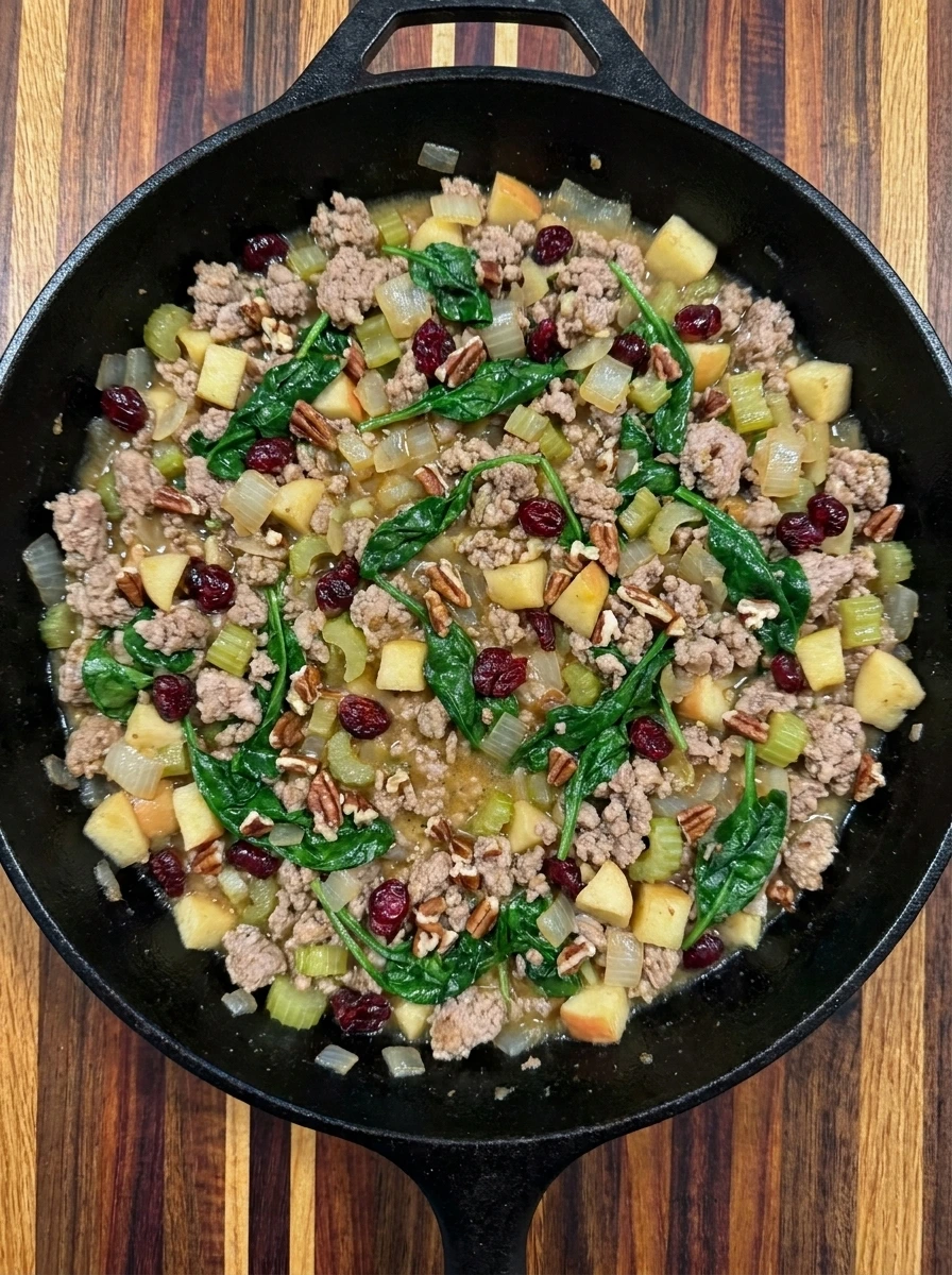Turkey filling mixed with apple spinach cranberries and pecans