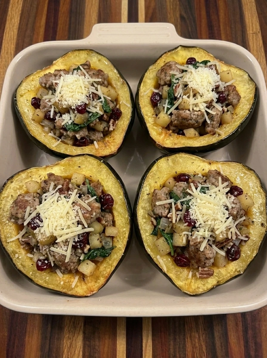Four acorn squash halves stuffed with turkey filling and baked until browned