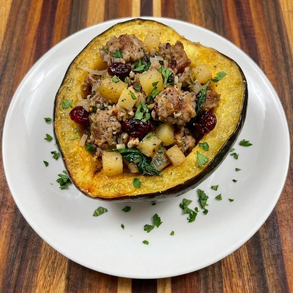 Single serving of Turkey-Stuffed Acorn Squash on a white plate